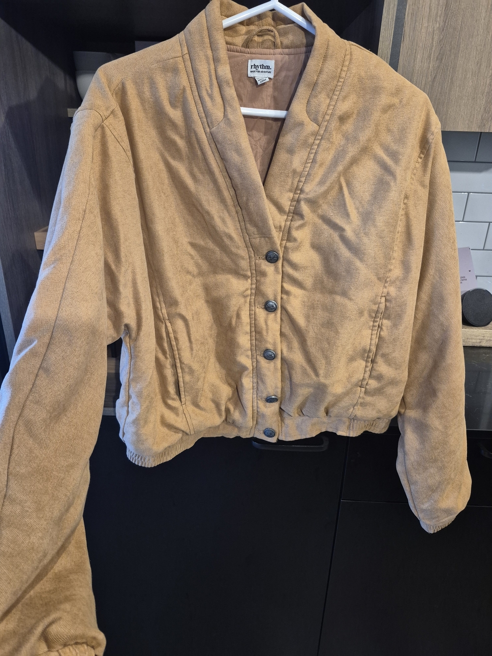 Rhythm. Women's Tan Button-Front Bomber Jacket with Elastic Hem